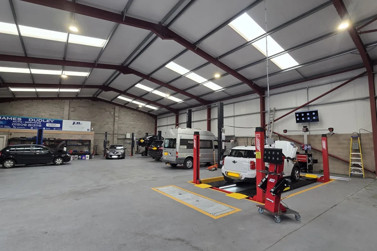 The main workshop floor at James Dudley Auto Services on Terracotta Court, Sutton Bonington